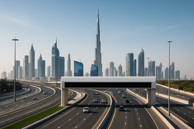 Dubai skyline with modern highway and toll gate Dubai skyline with modern highway and toll gate