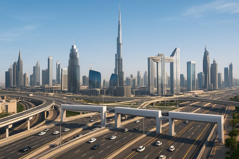 Dubai skyline with modern highways and toll gates Dubai skyline with modern highways and toll gates